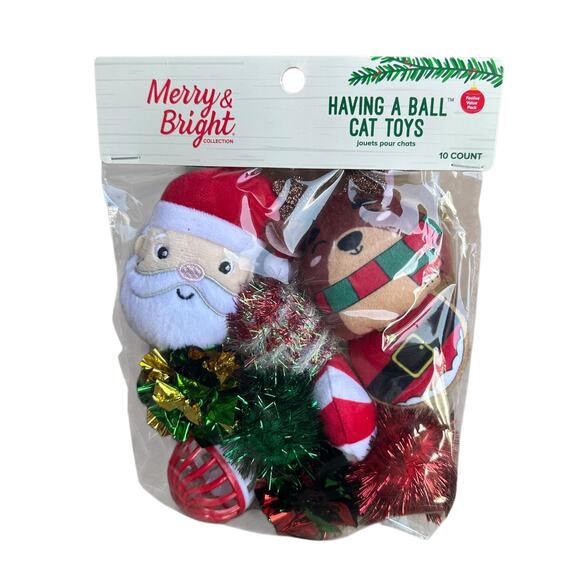 Merry & Bright Ball Cat Toy Variety Pack 10 Count Plush Crinkle Bell‎ Christmas - Picture 2 of 4